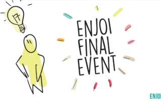 An artistic header for the ENJOI Final Event with those words displayed next to a cartoon of a human with a lightbulb above their head