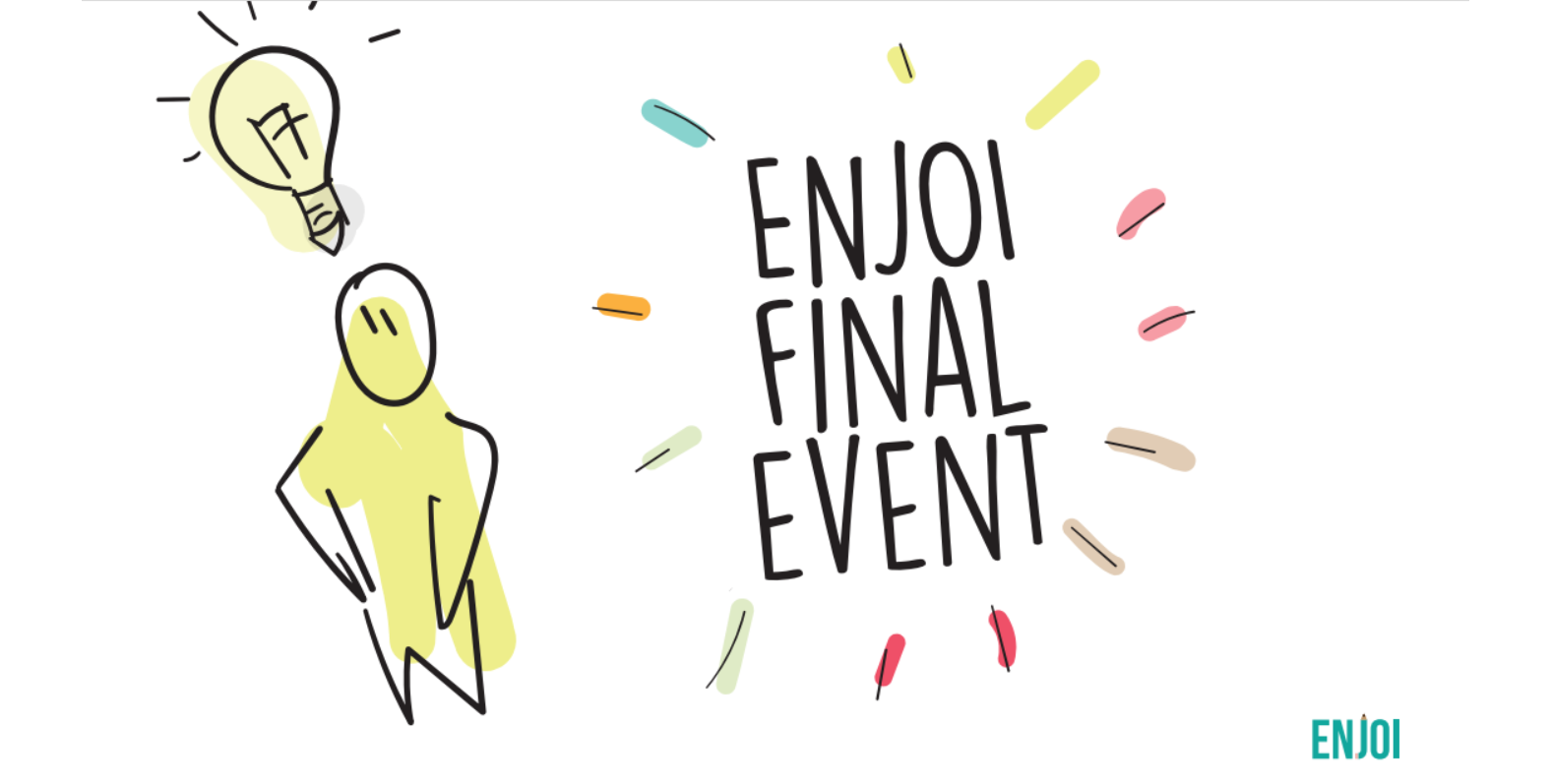 An artistic header for the ENJOI Final Event with those words displayed next to a cartoon of a human with a lightbulb above their head