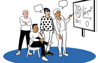 People talking and looking at a board with graphics