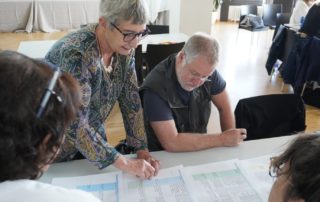 People seated around a table looking at documents.