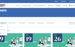 Print screen of the Events page, selecting an Agenda view and highlighting one of the search menus (Event modality).