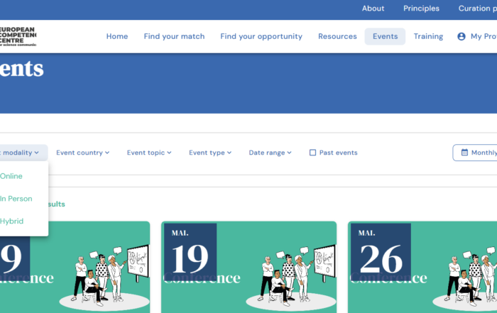 Print screen of the Events page, selecting an Agenda view and highlighting one of the search menus (Event modality).