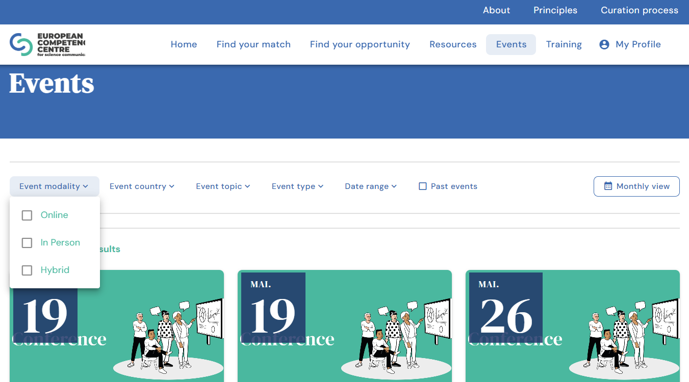 Print screen of the Events page, selecting an Agenda view and highlighting one of the search menus (Event modality).