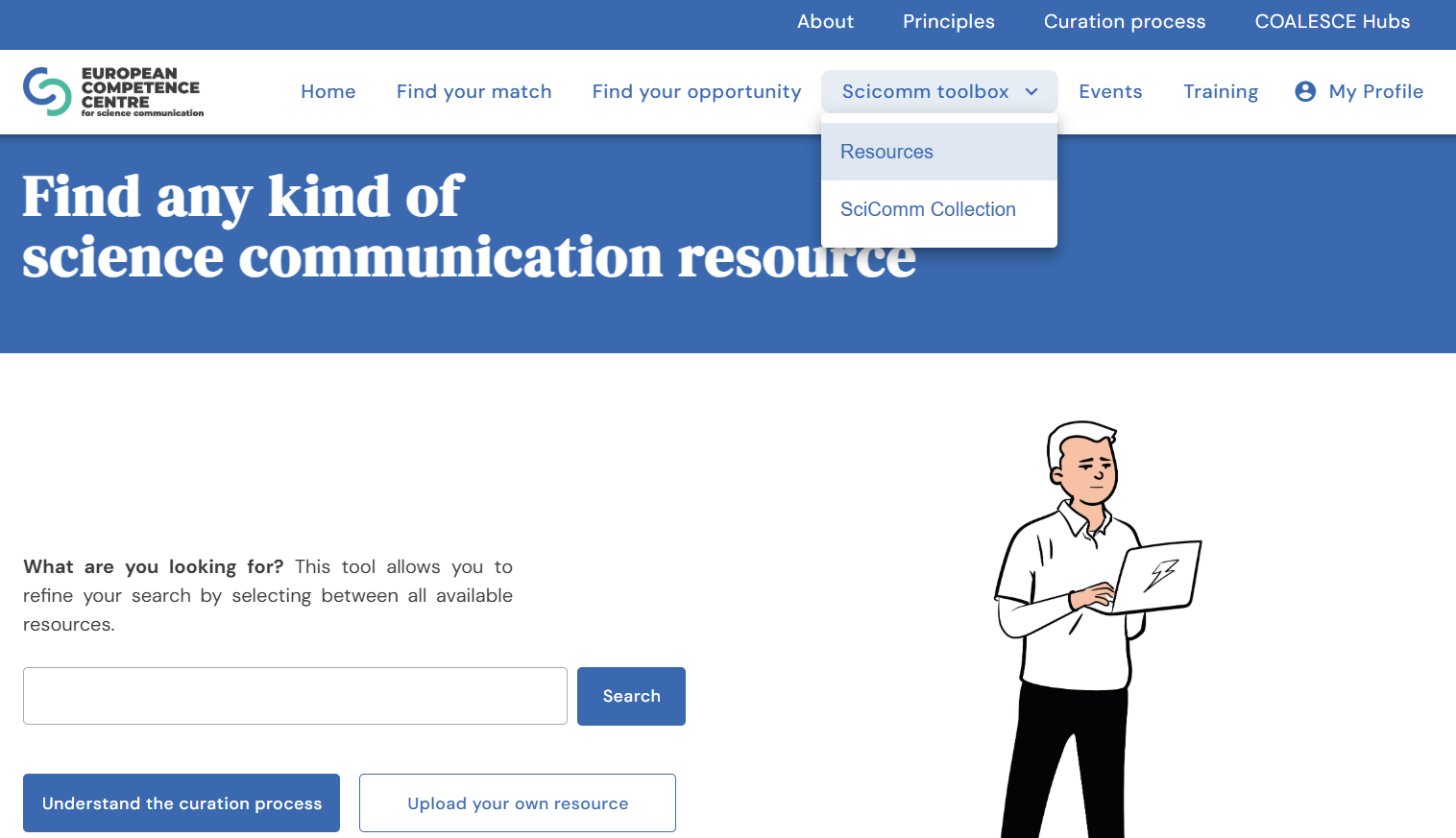 The Scicomm Toolbox allows you to find any kind of science communication resource. (Caption from the Competence Centre platform.)