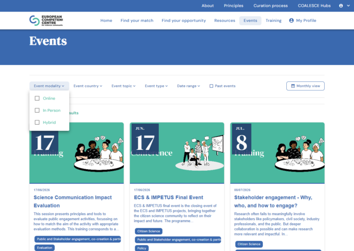 Print screen of the Events page, selecting an Agenda view and highlighting one of the search menus (Event modality).